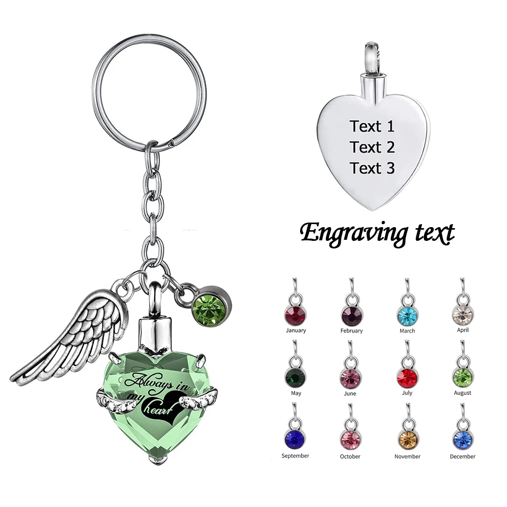 Stainless Steel Heart Shaped Birthstone Pendant with Angel Wings Memorial Jewelry Keychain for Gift to Family or Friends