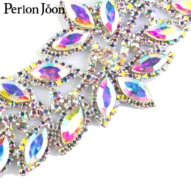 1pcs Ab rhinestone leaves patch Crystal long applique plating sliver sew on Wedding dress decoration accessories YH C035