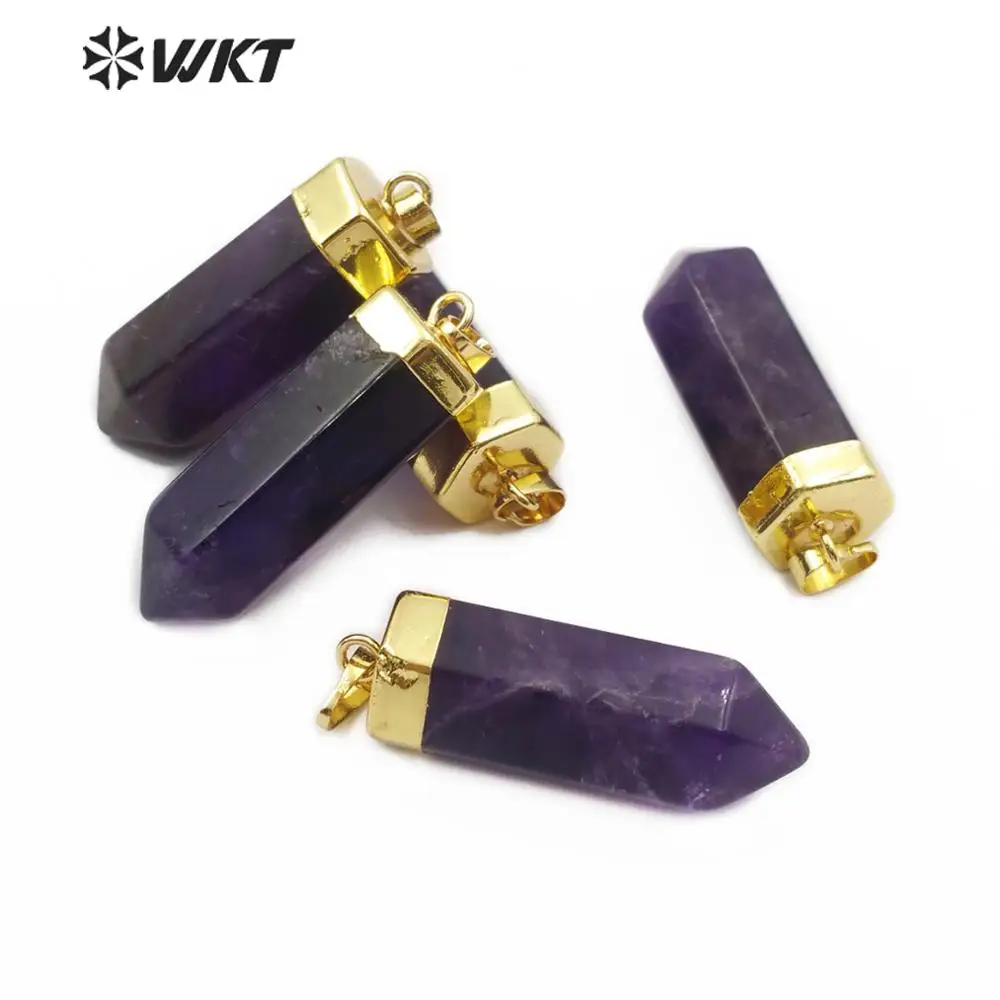 WT-P1466 Natural Stone Pendant Point Stone Deep Purple Color With Gold Electroplated Pendant  Woman Fashion Pendent Necklace