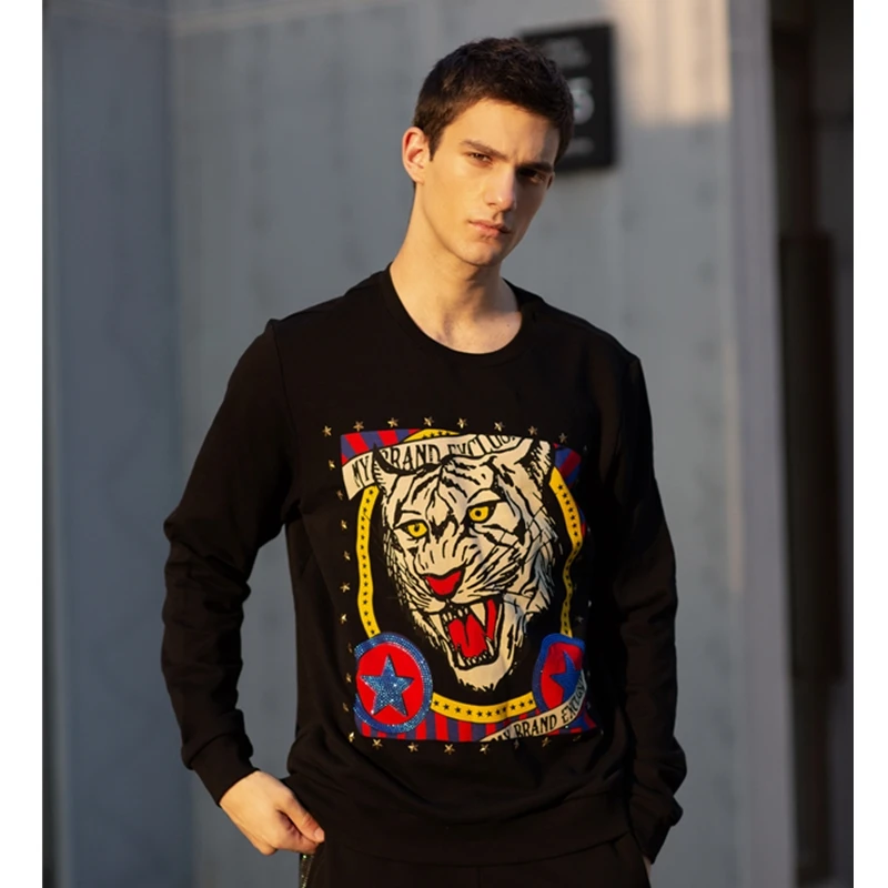 AlexPlein Tiger Rhinestones Stud Sweatshirt Men 100% Cotton Oversized Streetwear One Piece Man Clothing 2020 Winter Round Neck