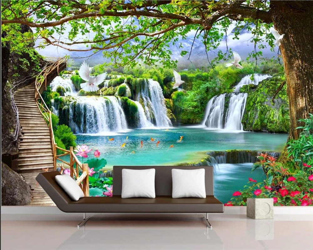 Customize wall murals wallpaper living room decoration modern fashion Nature waterfall landscape tree deer 3d wallpaper обои