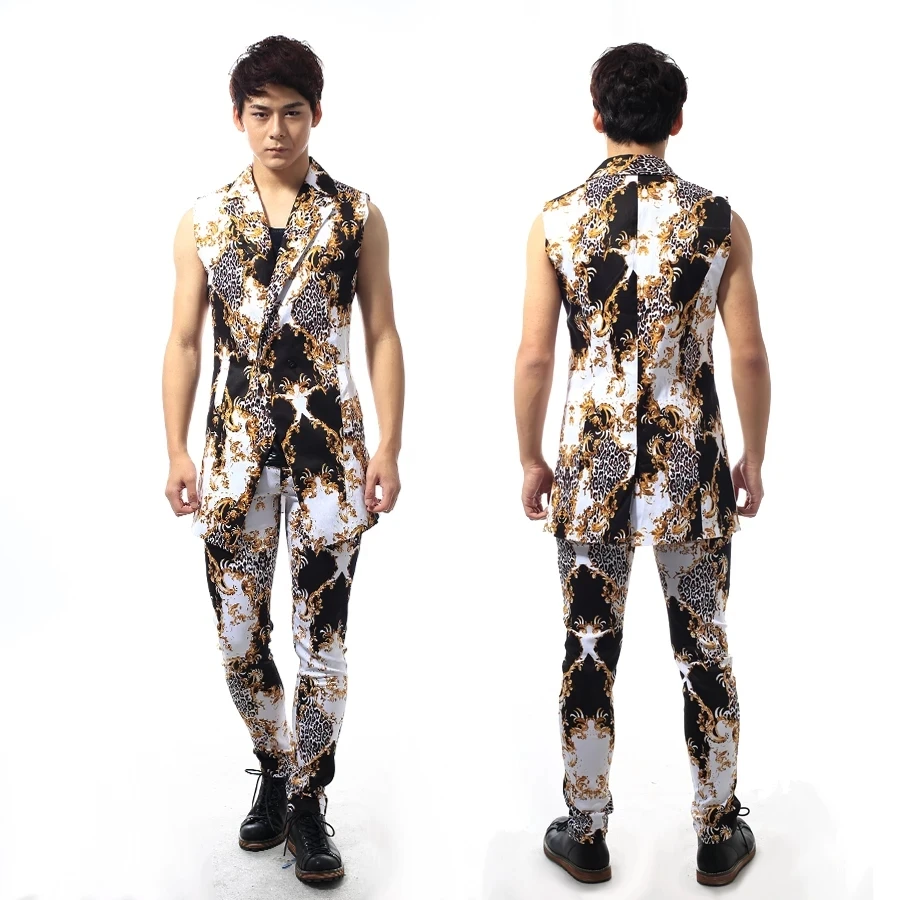 Cool boy men Nightclub host stage performance suit casual leopard print suit jazz dance Korean style slim waistcoat suit