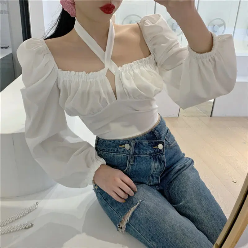 Blouses Women Long Sleeve Sexy Elegant Square Collar Slim Cropped Tops Streetwear Harajuku Korean Hip Hop Sweet Bow Pink Girls