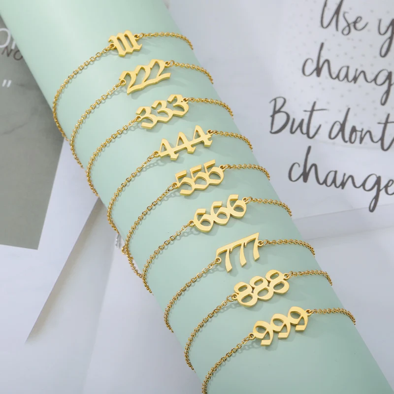 Stainless Steel Bracelet for Women Gold Color Angel Number 444 777 Wrist Bracelets Femme Fashion Jewelry Mother's Day Gift