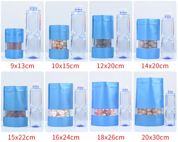 100PCS Stand up Matte Aluminum Foil Window Ziplock Bag Resealable Snack Beads Cereals Spice Sugar Candy Tea Storage Pouches