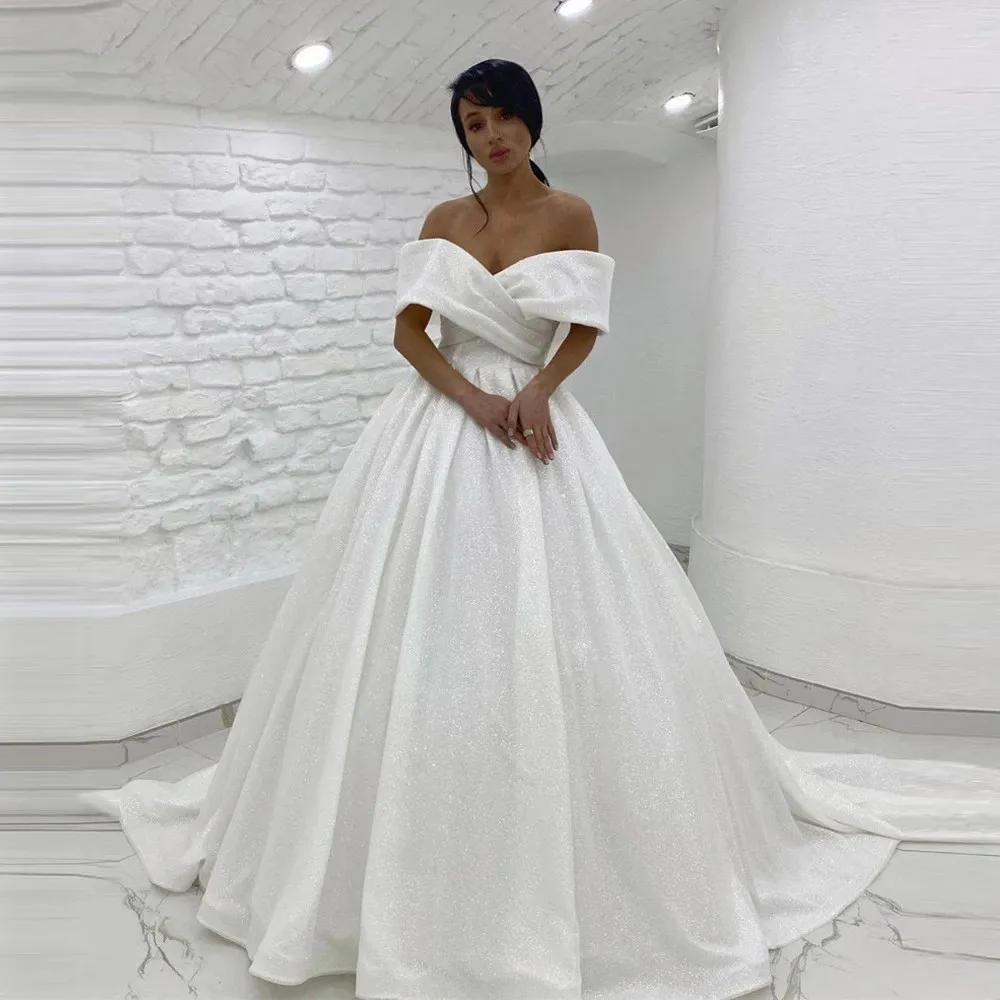 

Sexy V Neck A Line Gliter Wedding Dresses Off the Shoulder Sleeves Sweep Train Dubai Women Bride Gowns Custom vestidos de novia