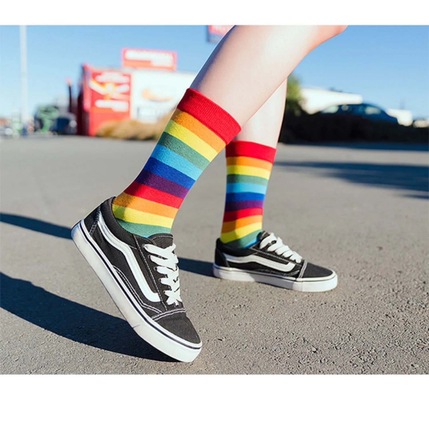 Calcetines con estampado colorido de arcoíris para hombre y mujer, medias de algodón a rayas para deportes al aire libre, Harajuku, Kawai, primavera