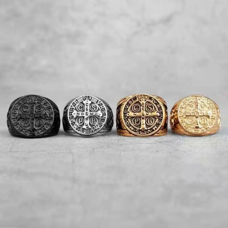 European and American religious new jewelry, religious Holy Father Holy Benedict cross, men's stainless steel ring