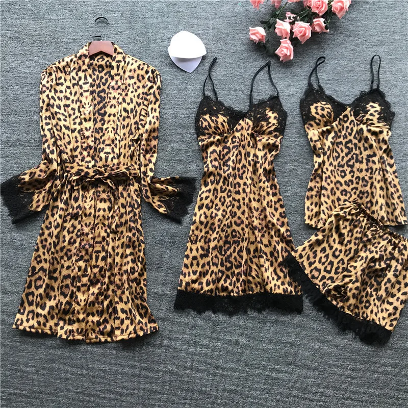 4PCS Women Pajamas Suits Leopard Pyjamas 2020 Satin Sexy Pijamas V-neck Casual Lace Trim Pyjama Loose Silky Home Clothing Sets