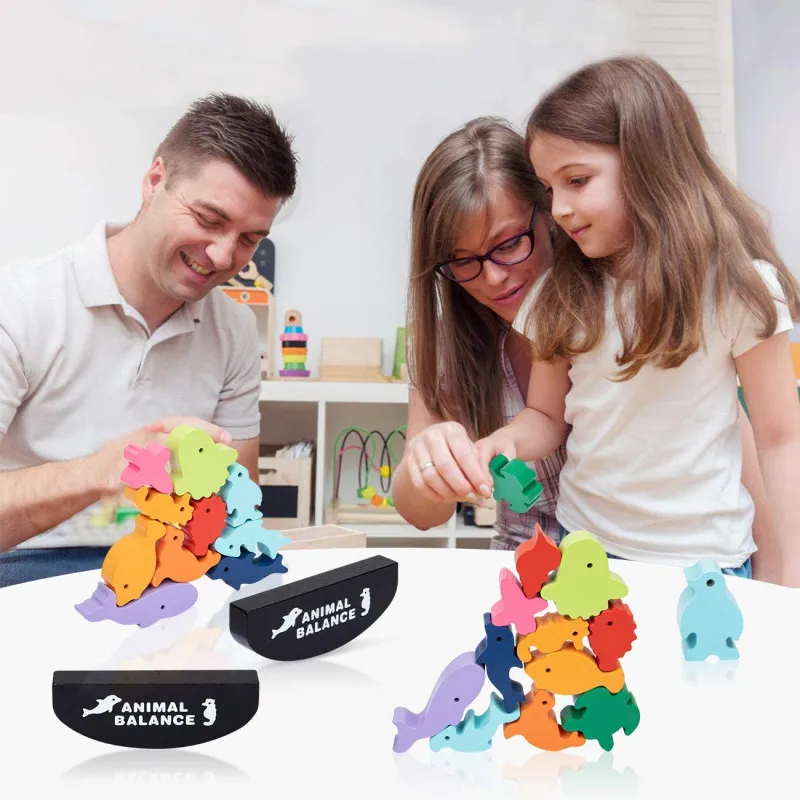 New Children Montessori Wooden Animal Balance Blocks Board Games Toy Dinosaur Educational Stacking High Building Block Wood Toy