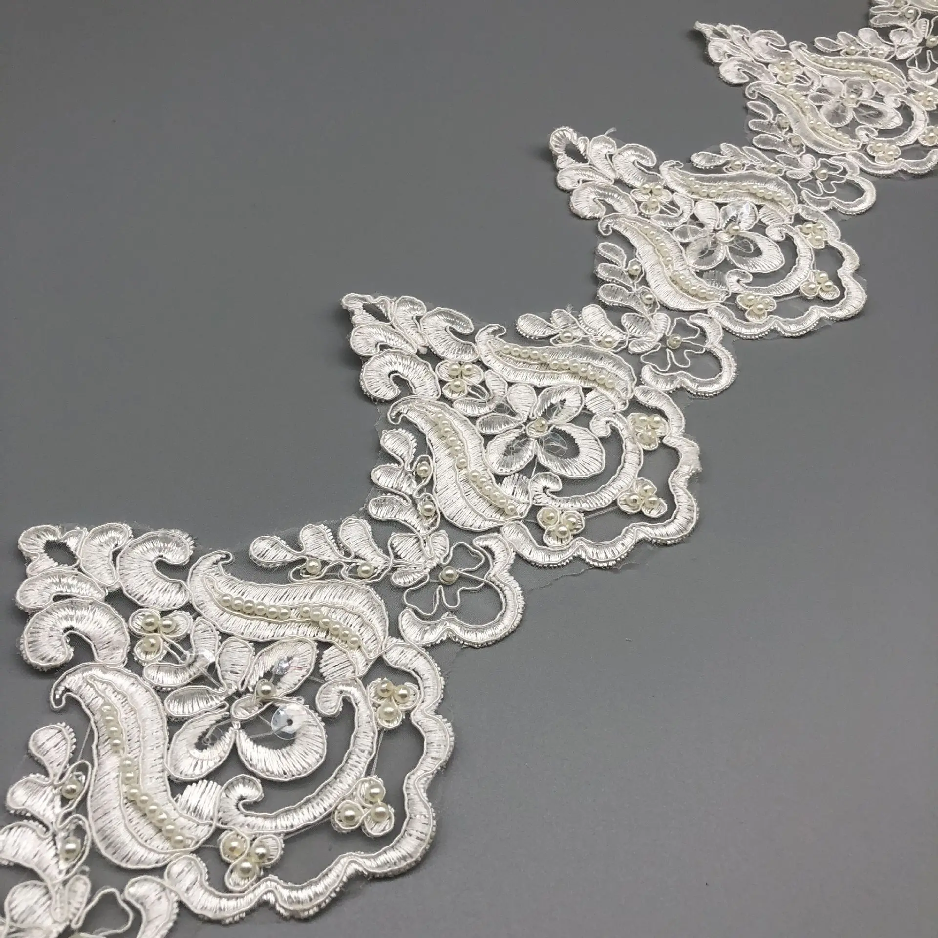 1Yard Ivory Beaded Cord Embroidery Lace Trim for Bridal Wedding Gown Costume Design Lace Mesh 12.5cm