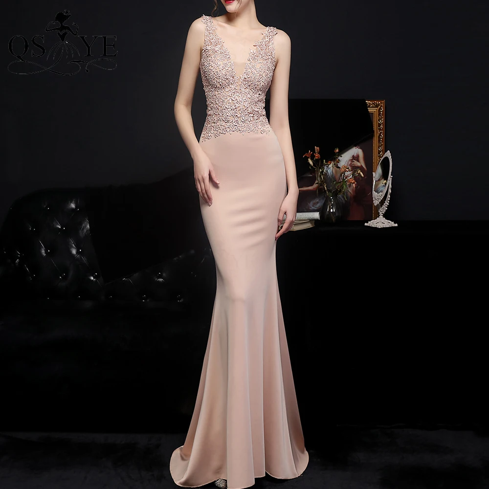 Tiefe Rot Prom Kleider Spitze Ärmellose Stretch Meerjungfrau Abendkleid Frauen Appliques Lange Formale Party Kleid V Neck Promi Kleid