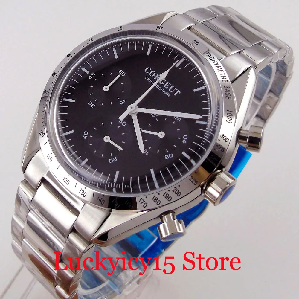 CORGEUT Silver/Black Bezel VK QUARTZ Men Watch Chronograph 24 Hours Push Button Mineral Glass Steel Bracelet