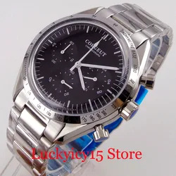 CORGEUT Silver/Black Bezel VK QUARTZ Men Watch Chronograph 24 Hours Push Button Mineral Glass Steel Bracelet