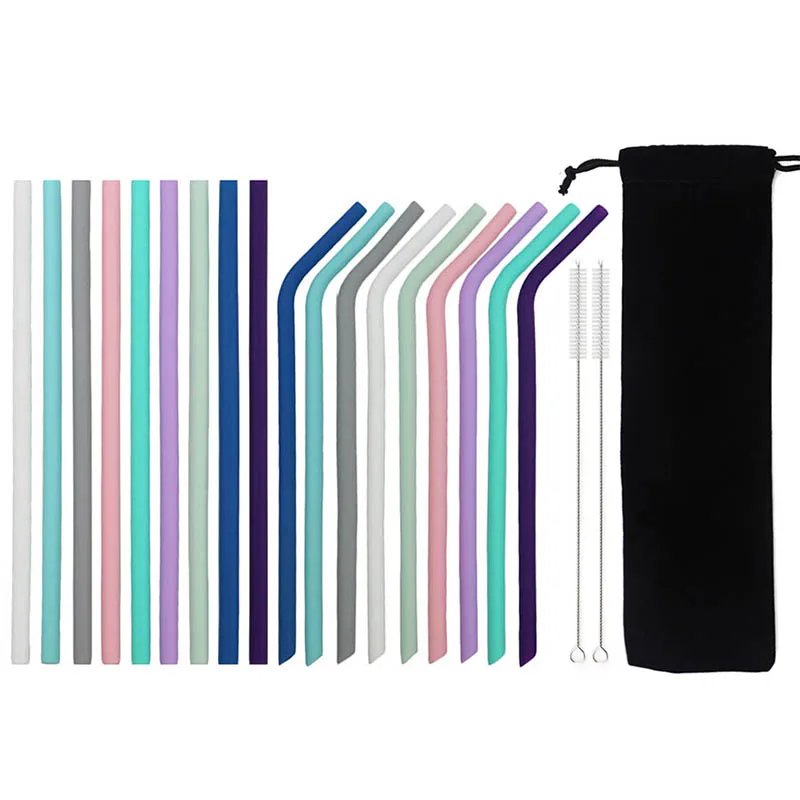 Reusable Silicone Straw Set Food Foldable Silicone Drinking Straw Travel Collapsible Metal Straight Drinking Straw Pouch Bags