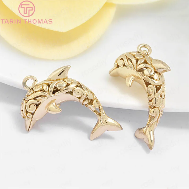 (678)6PCS 30x20MM 24K  Gold Color Plated Brass Dolphin Charms Pendants High Quality Diy Jewelry Accessories