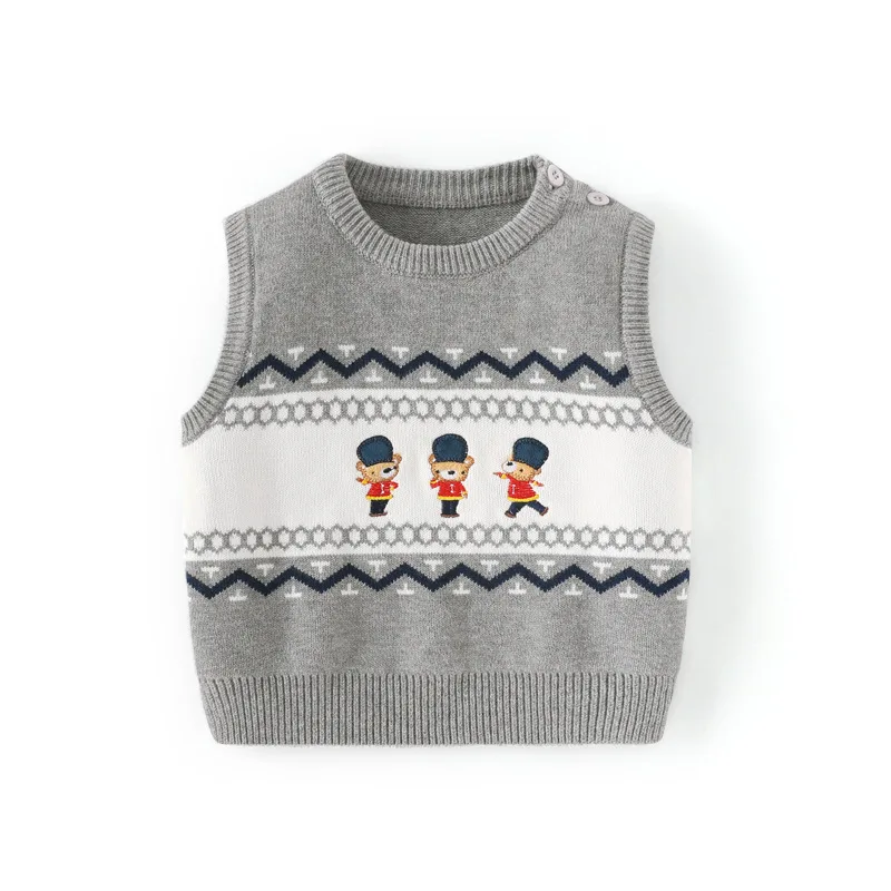 Toddler Boy Soldier Knitted Vest Tops Baby Cartoon Knitwear Children Embroidery Bear Sleeveless Knit Sweater Spring Baby Clothes