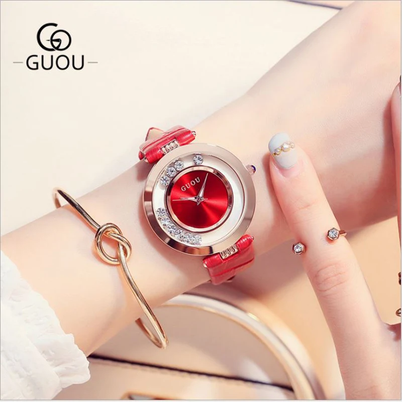 2020 Fashion Ladies Watch Guou Top Brand Montre Femme Luxury Women's Rhinestone Bracelet Genuine Leather Clock Bayan Kol Saati