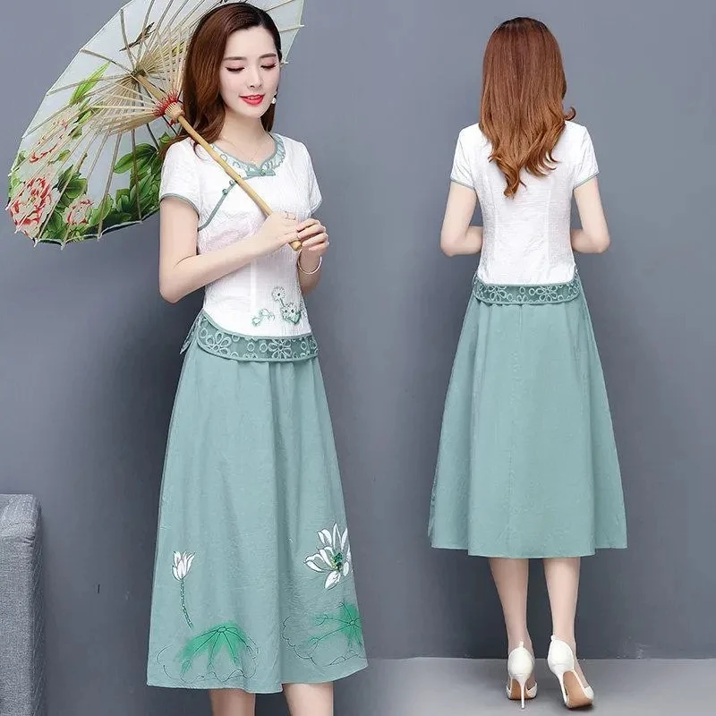 

Single Piece/Set Women's 2024 Summer New Chinese Style Mother Hanfu Cheongsam Skirt Suit Female Two-Piece Top L731