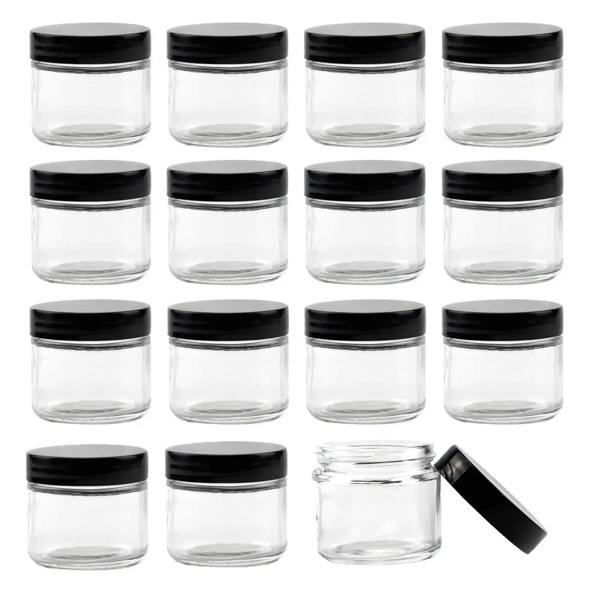 Round Jar Straight Sided Clear Glass Jars, Airtight Glass Jar with Black Plastic Smooth Lids