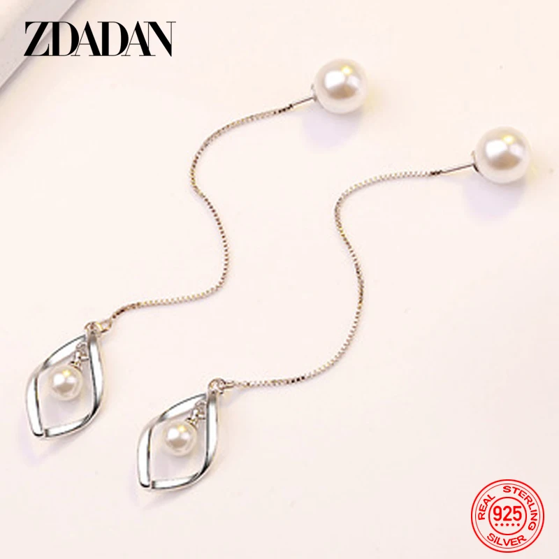 ZDADAN 925 Sterling Silver Twist Pearls Long Chain Dangle Earrings For Women Fashion Wedding Jewelry Gift