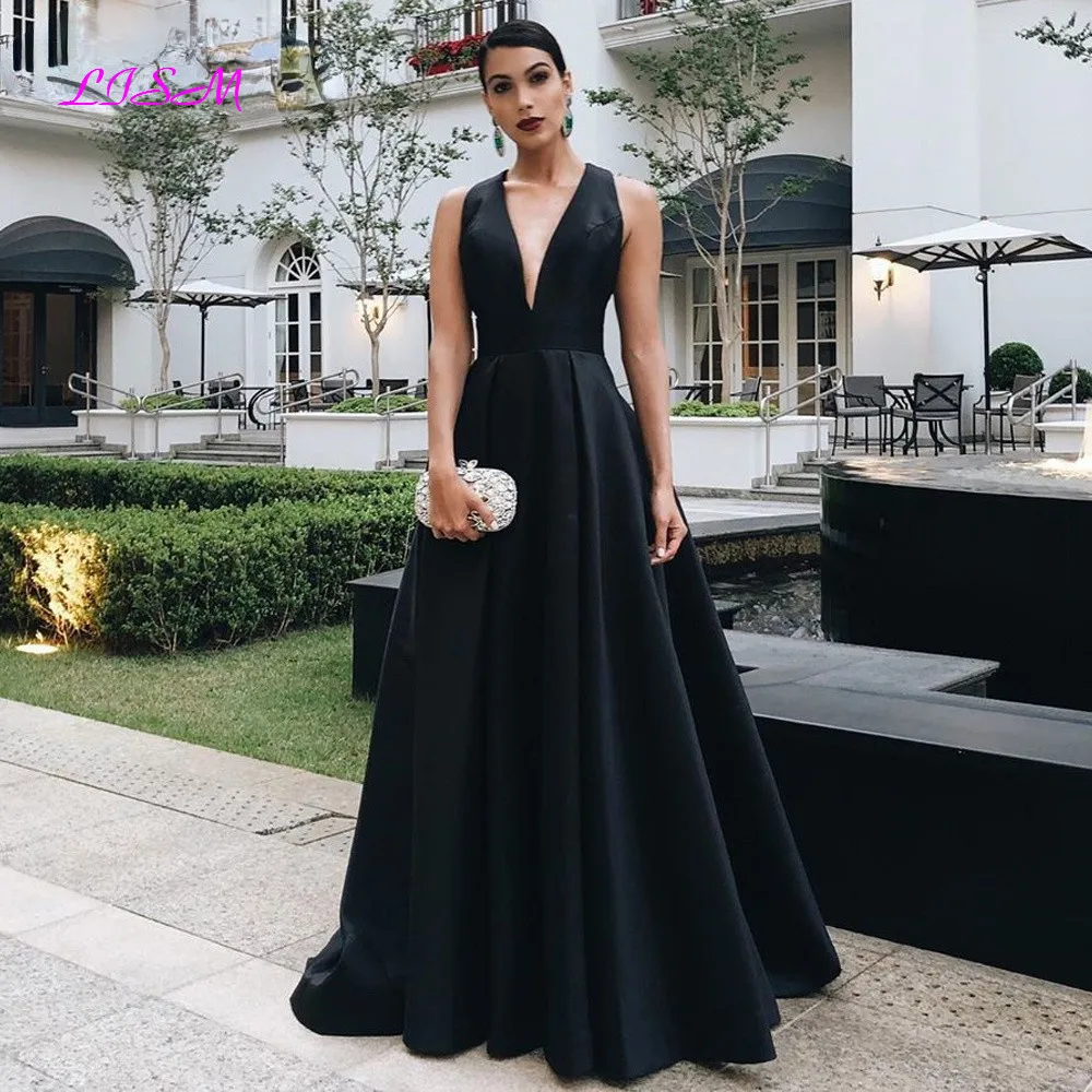 

Black Satin Evening Dress V-Neck Back Bow Prom Dresses Vintage Sleeveless Sweep Train Formal Party Gowns