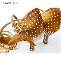 Women Latin Dance Shoes Bronze Tan Satin Colorful Rhinestones Meduim Heel Practise Dance Competition Salsa Latin Shoes For Girls