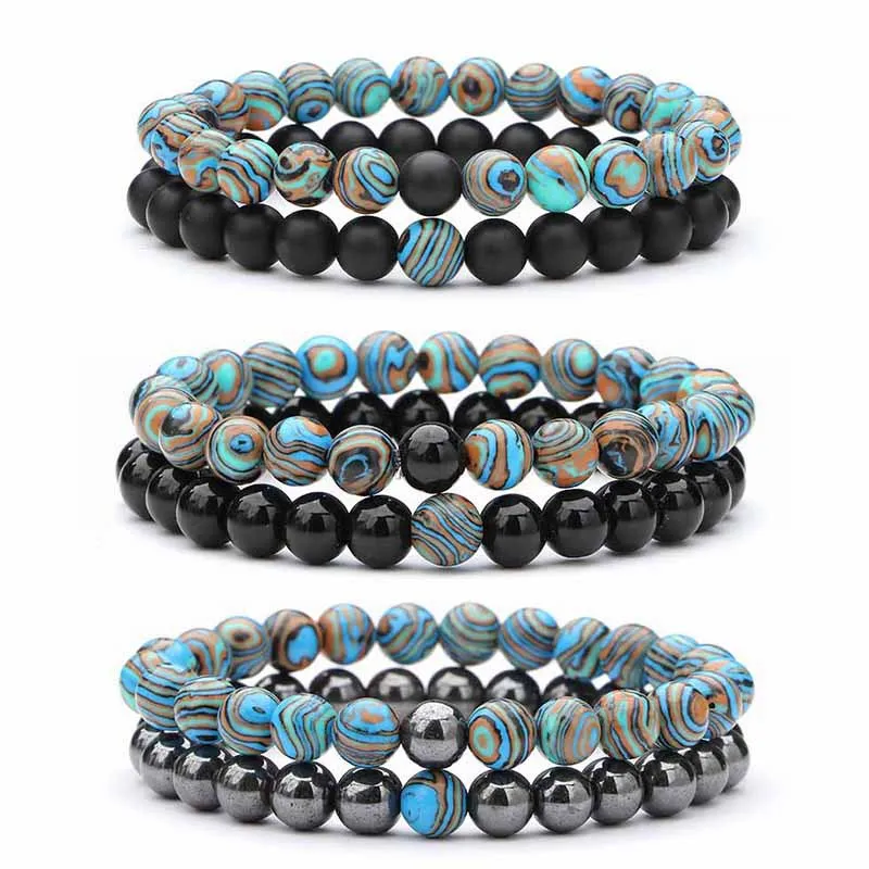 2-teiliges Set aus Naturstein-Armbändern für Paare, klassisches schwarzes, mattes, blaues Malachit-Armband, geeignet für Männer und Frauen, bestes