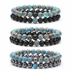 2-teiliges Set aus Naturstein-Armbändern für Paare, klassisches schwarzes, mattes, blaues Malachit-Armband, geeignet für Männer und Frauen, bestes Geschenk