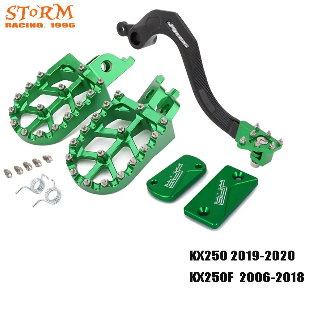 CNC Foot Pegs Footpeg Brake Pedal Lever Front Rear Brake Fluid Reservoir Cap Cover For Kawasaki KX250 2019-2020 KX250F 2006-2018