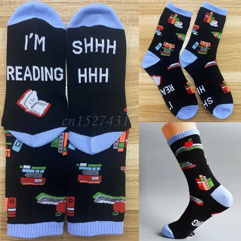 Unisex Funny Saying Novelty Cotton Crew Socks Shhh I Am Reading Letters Cartoon Books Print Mid Tube Xmas Gift