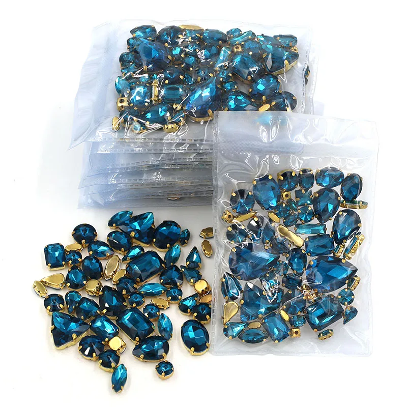 Hot sale Wholesale 5 bags mixed shape  Indicolite  rhinestones glass crystal gold base sew on rhinestones diy clothing