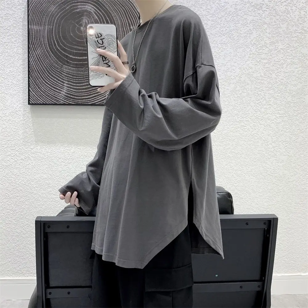 Long Sleeve Men T Shirt Split Long Sleeve O Neck Solid Casual Irregular Tops Korean Fashion Harajuku Retro Vintage Cotton Tops