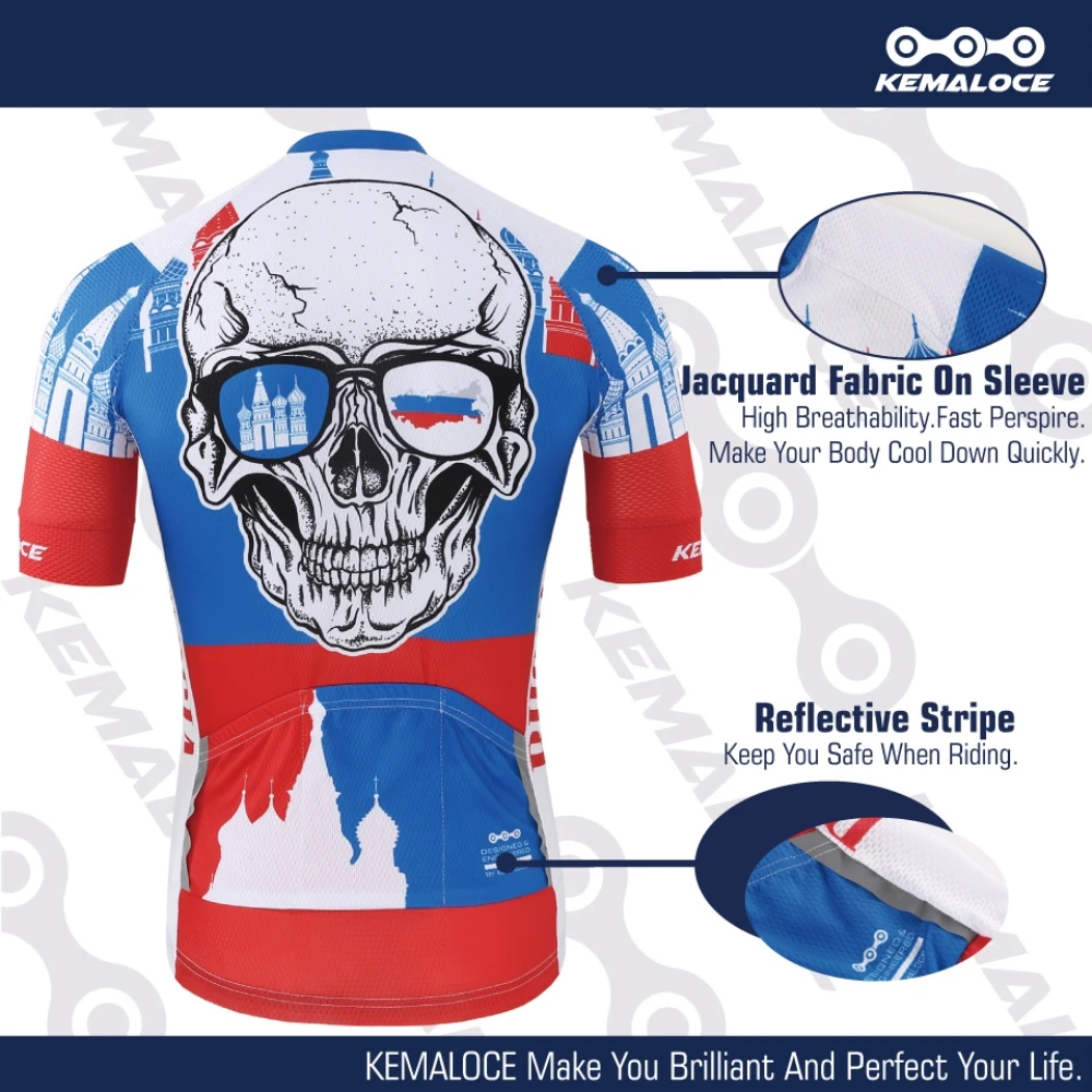 KEMALOCE Bike Jersey Russian Pro Breathable Summer Skull Racing Clothes Men Polyester Bicycle Shirts Maillot Cycling Wear