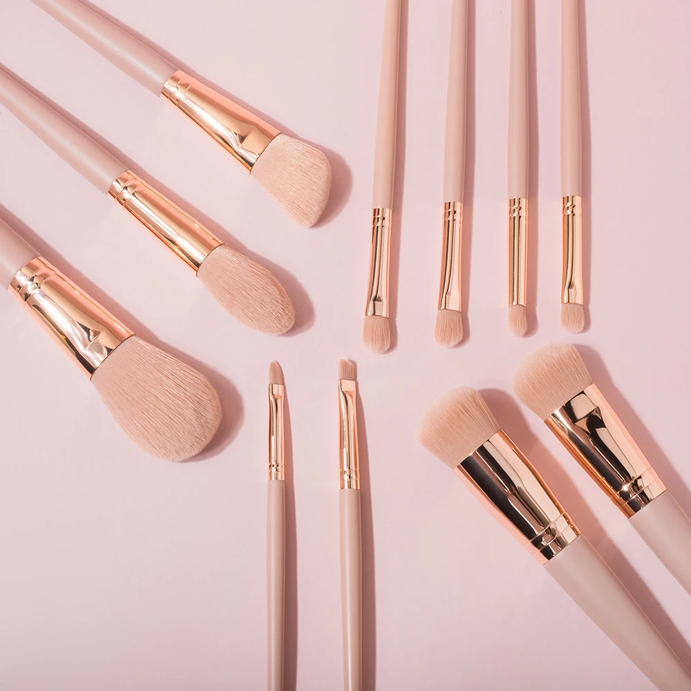 Shinedo 11 pcs synthethic hair makeup brushes set cosmetic powder eyeshadow foundation kabuki blush blending with pink handle