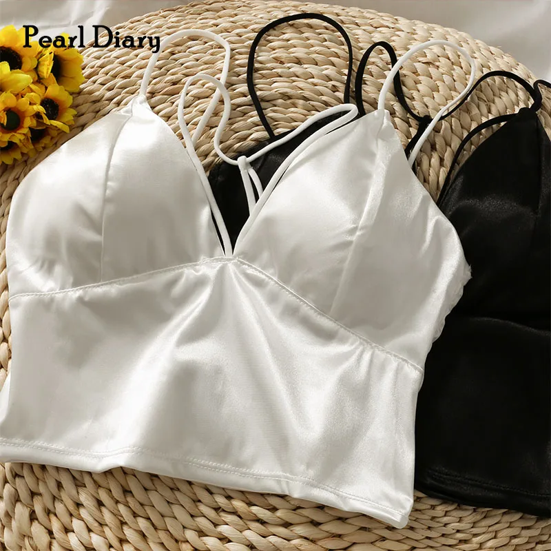 Pearl Diary Women Satin Crop Tops V Neck Spaghetti Strap Tops Summer Elegant Woven Cross Back Sexy Wireless Bra Tops For Women