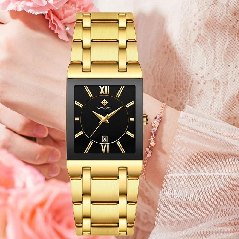 New WWOOR Ladies Watch Luxury Brand Women Gold Square Wristwatch Minimalist Analog Quartz Movement Casual Watch Relogio Feminino