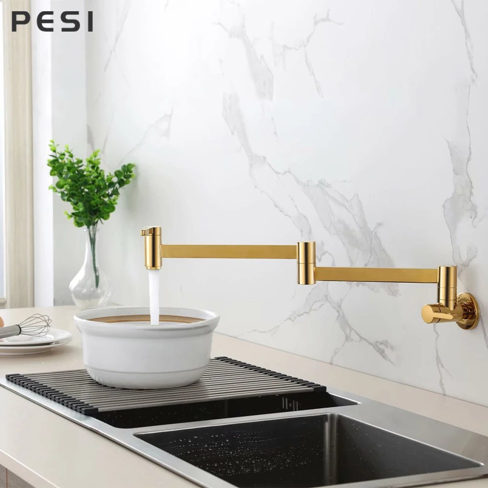 Gold Kitchen Faucet Wall Mounted Foldable Single Cold Single Hole Sink Tap Rotate Folding Spout Chrome Gold Brass Accessorie.