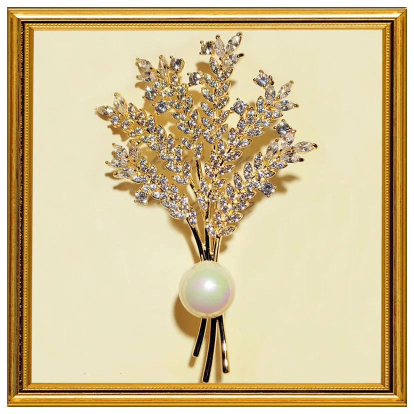 Vintage Jewelry Brooches For Women Wheat Cubic Zirconia Fine Brooch Luxury Imitation Pearls Corsage Pins Cardigan Button view 5