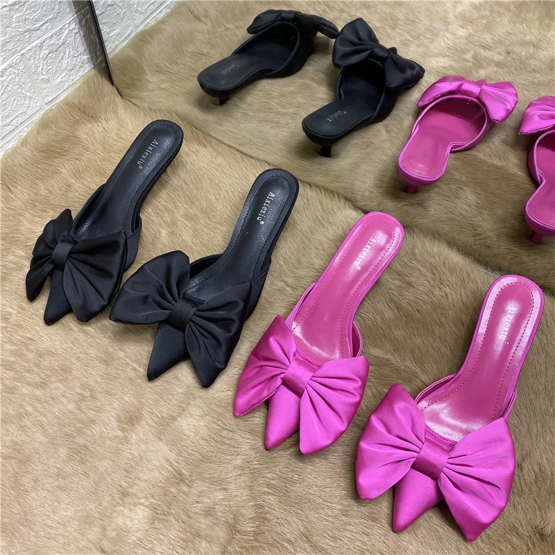 2021 Spring Pointed Toe Stiletto Heel Kitten Heels Bow Heel-Free Slippers for Women