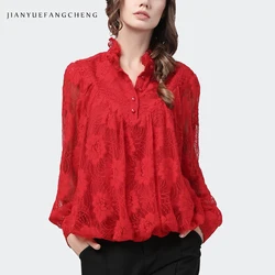 Vintage Floral Women Long Sleeve Lace Blouse 2023 Spring Summer New Loose-Fitting Casual Top Solid Color See Through Shirts