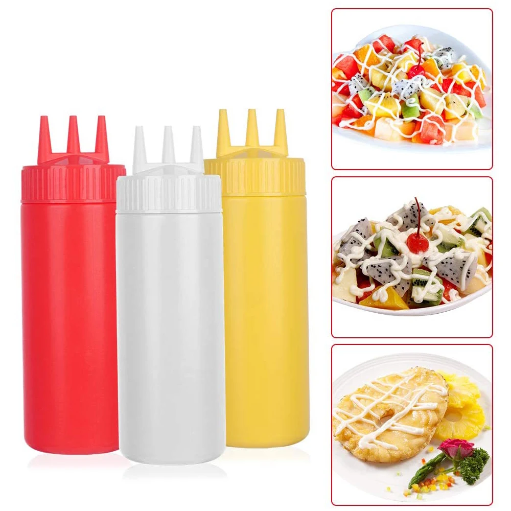 3 Holes 480ml Twist Cap Squeeze Bottle Food Grade Plastic Ketchup Mustard Mayo Sauces Olive Oil Bottles Condiment Container