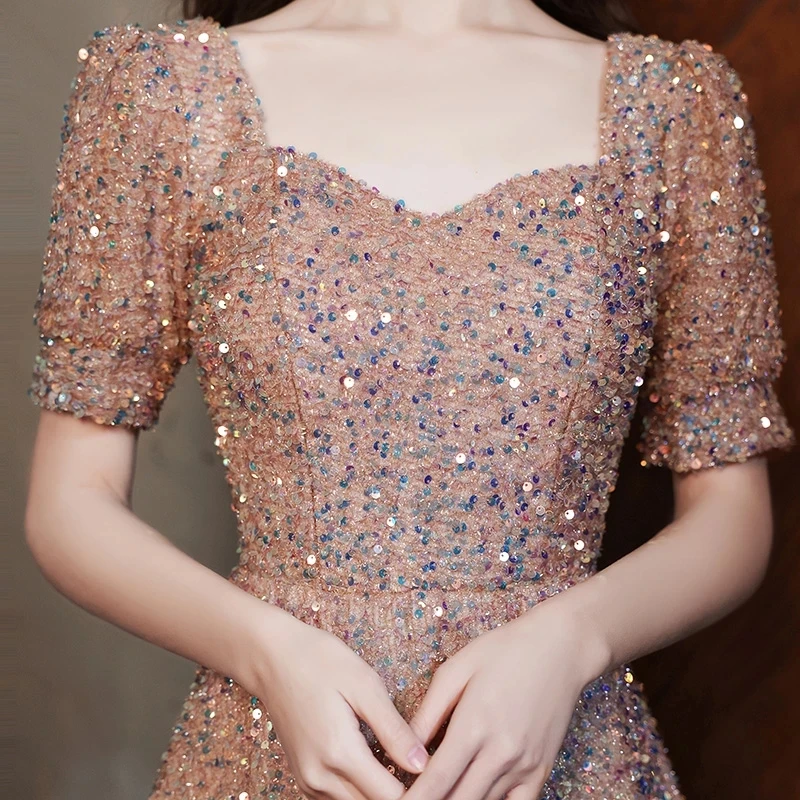 Abiti da sera lunghi Robe De Soiree personalizzati Scollo a V A-line Lunghezza pavimento Cerniera posteriore Paillettes Abito da festa formale da donna semplice