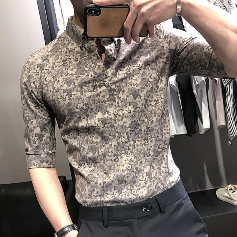 Style Korean Mens New Slim Turn-Down Collar Single Breasted Casual Shirt 2022 Summer Printing Design Fashion Vintage Blouse