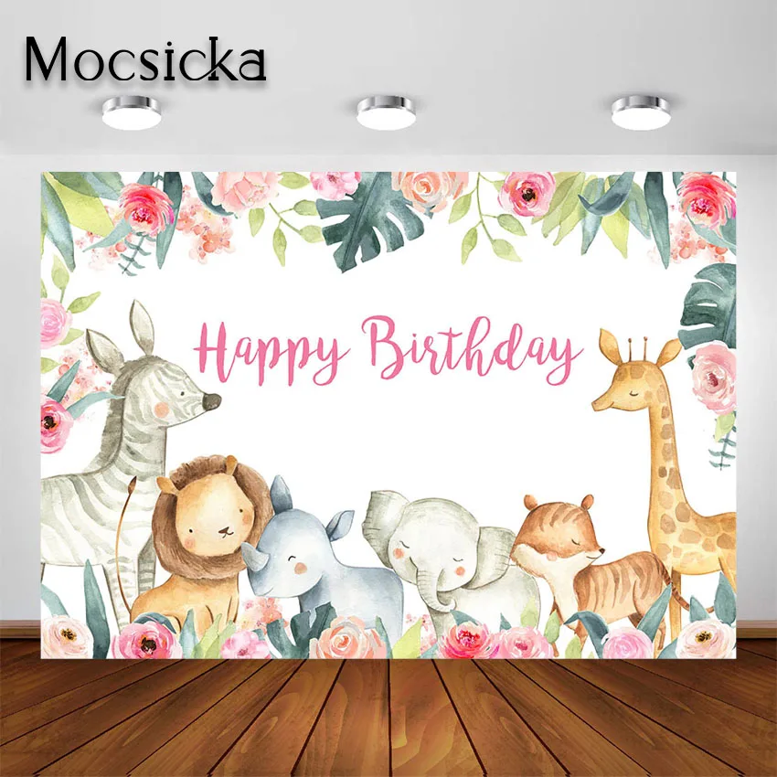 Mocsicka Jungle Safari Birthday Party Backdrop for Girl Baby Shower Party Decor Pink Flower Animals Zoo Photo Background