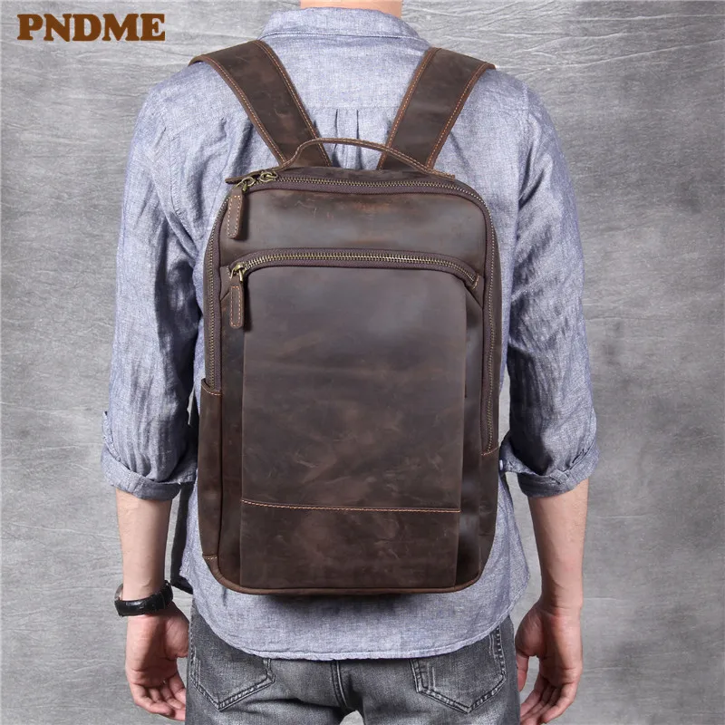 

Vintage genuine leather men's laptop backpack travel women bookbag daily large capacity high quality crazy horse cowhide bagpack