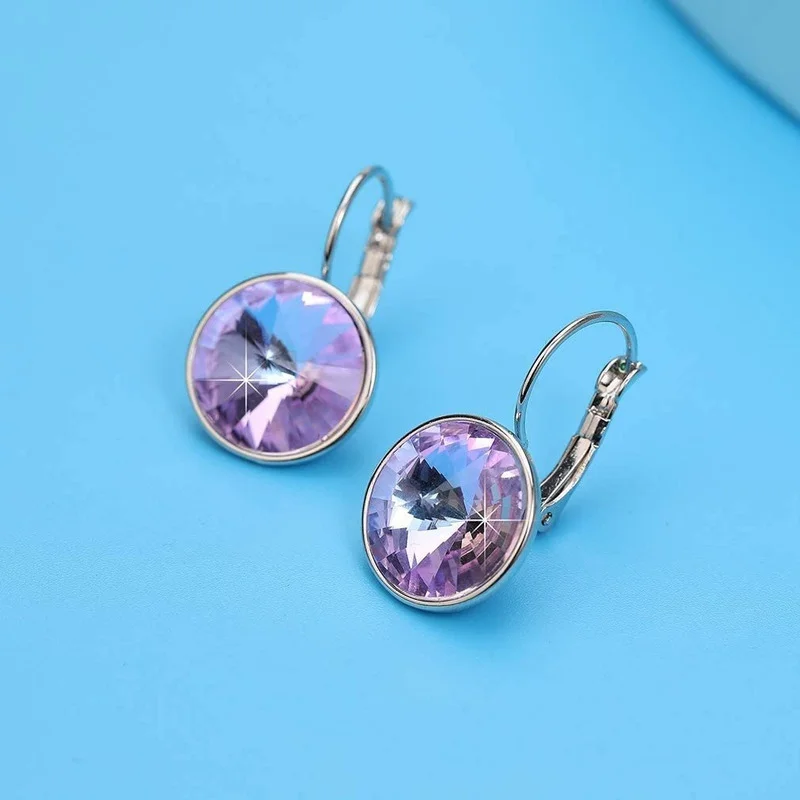 New Fashion Crystal Round Drop Earrings for Women Silver Leverback Hoop Earring Party Wedding Jewelry Gifts