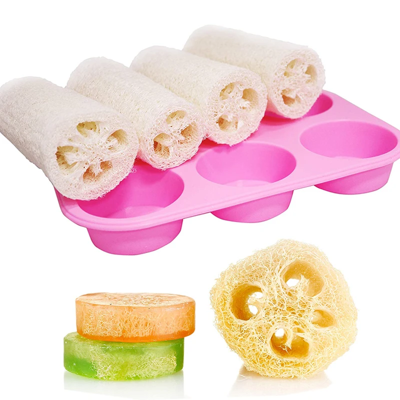 10cm Loofah i zestaw mydła naturalne gąbki Loofah z silikonowym okrągłym robienie mydła taca 4 Luffa opakowanie z 6 wnękami mydło formy