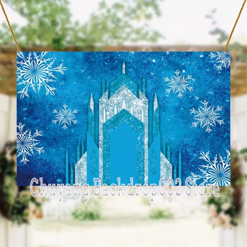 Winter Blue White Frozen Snowflake Palace Buidlings Photography Background Newborn Baby Shower Kids Birthday Portrait Backdrops