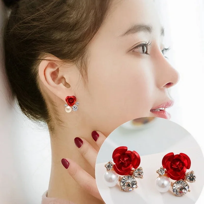 Fashion Red Rose Rhinestone Stud Earrings For Women Butterfly Angel Wings Pearl Flowers Earring Bride Wedding Engagement Jewelry